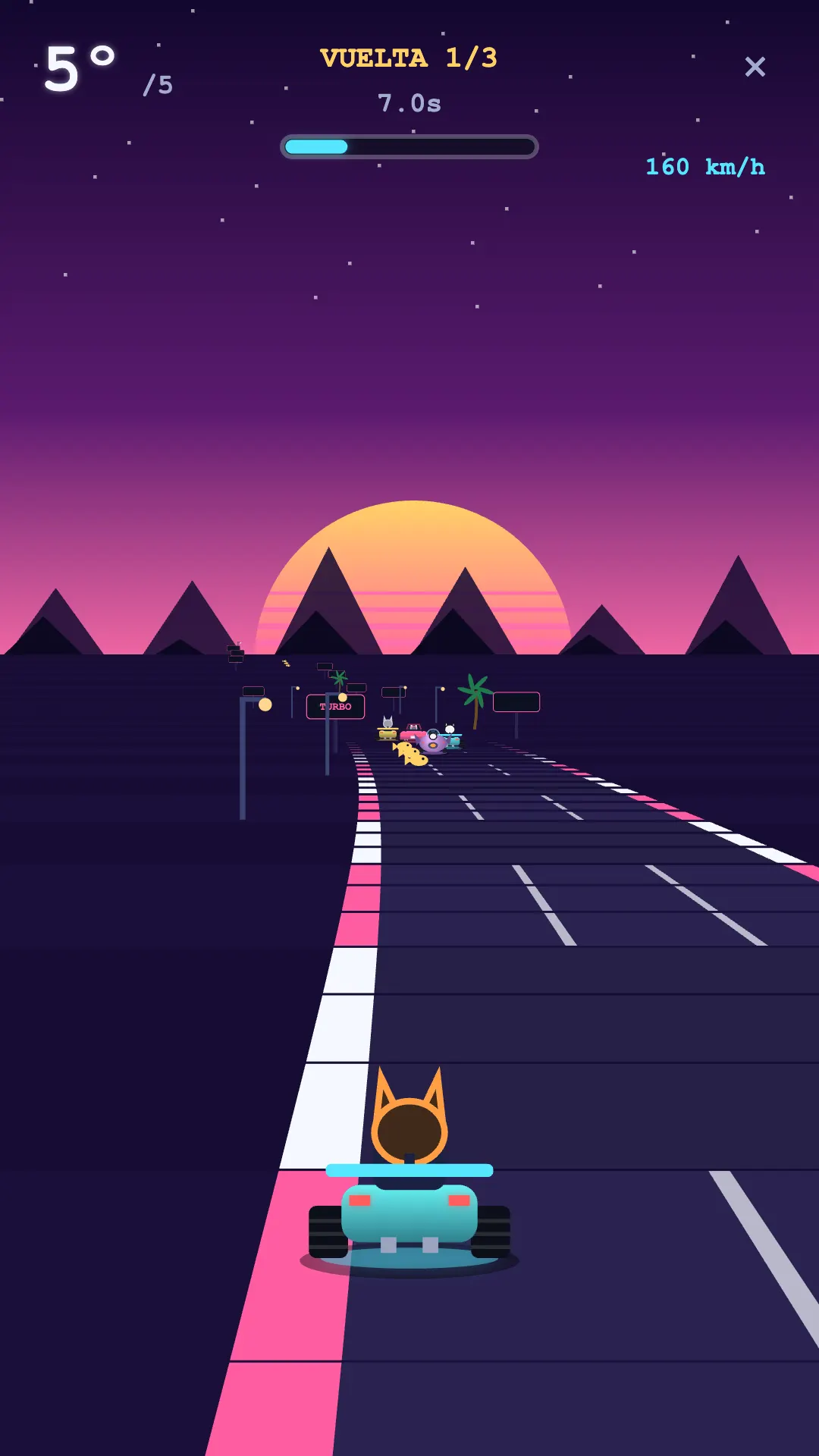 MICHI TURBO: el michi maneja un kart por una avenida neón al atardecer