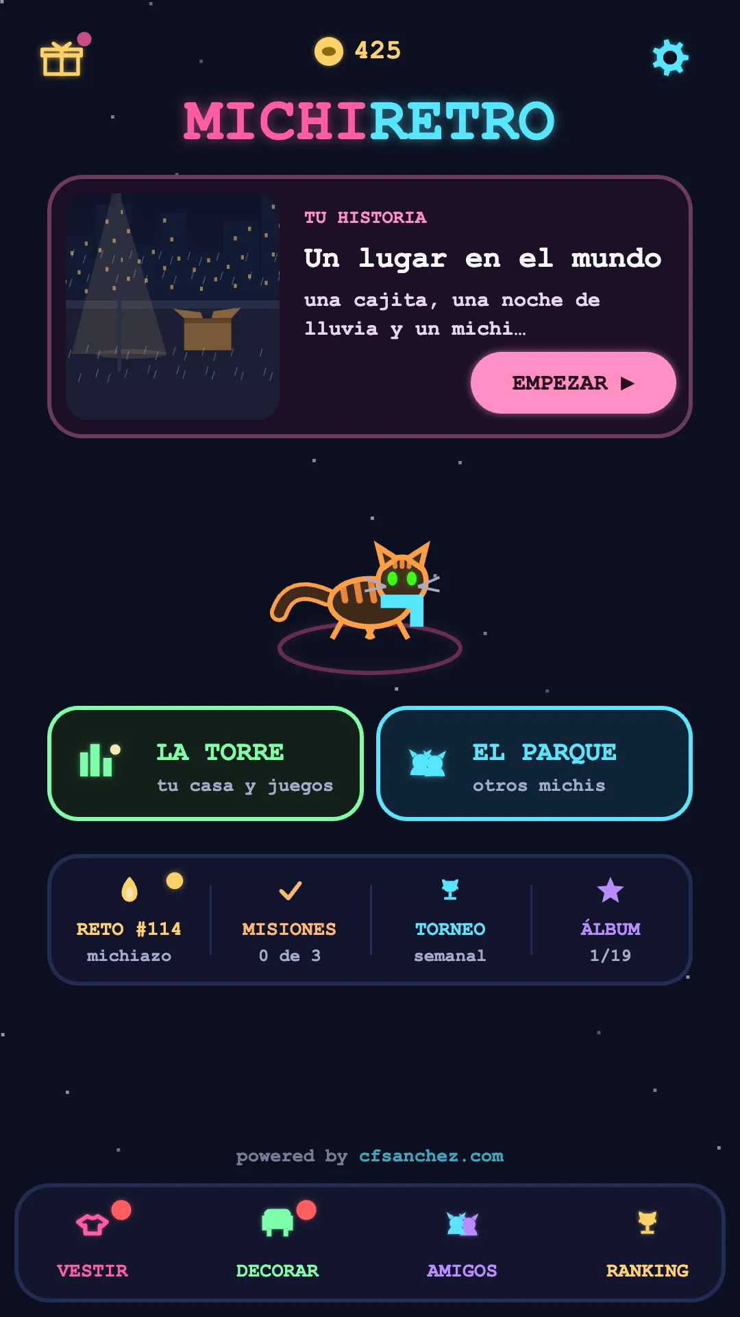 El menú de MICHIRETRO con la historia, el reto del día, las misiones, el torneo y el álbum